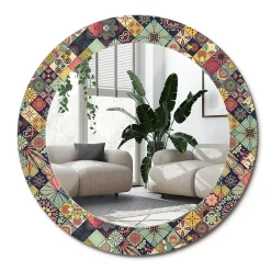 Miroir Rond Cadre Verre Imprimé Wallfluent fi60 cm Carreaux De Patchwork Standard Modèle Tendance Design Glamour