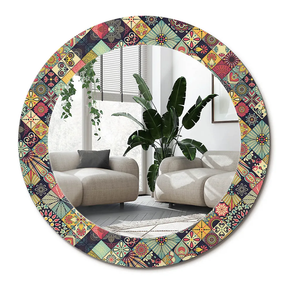 Miroir Rond Cadre Verre Imprimé Wallfluent fi60 cm Carreaux De Patchwork Standard Modèle Tendance Design Glamour