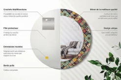 Miroir Rond Cadre Verre Imprimé Wallfluent fi60 cm Carreaux De Patchwork Standard Modèle Tendance Design Glamour