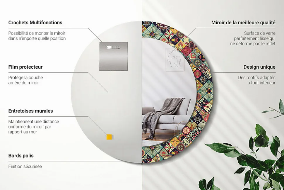 Miroir Rond Cadre Verre Imprimé Wallfluent fi60 cm Carreaux De Patchwork Standard Modèle Tendance Design Glamour