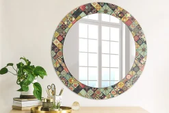 Miroir Rond Cadre Verre Imprimé Wallfluent fi60 cm Carreaux De Patchwork Standard Modèle Tendance Design Glamour