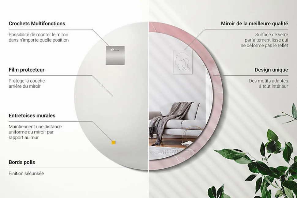 Miroir Rond Cadre Verre Trempé Motif Wallfluent fi100 cm Pierre Rose Effet AXXLissant Style Moderne