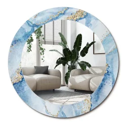 Miroir Rond Cadre Verre Trempé Motif Wallfluent fi70 cm Marbre Bleu Effet Agrandissant Style Moderne