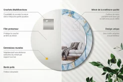 Miroir Rond Cadre Verre Trempé Motif Wallfluent fi70 cm Marbre Bleu Effet Agrandissant Style Moderne