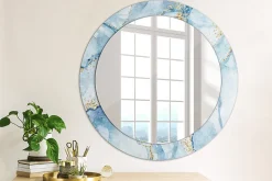 Miroir Rond Cadre Verre Trempé Motif Wallfluent fi70 cm Marbre Bleu Effet Agrandissant Style Moderne