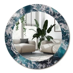 Miroir Rond Cadre Verre Trempé Motif Wallfluent fi60 cm Mer Agitée Effet Agrandissant Style Moderne