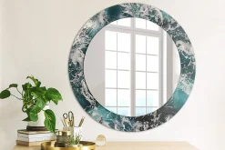 Miroir Rond Cadre Verre Trempé Motif Wallfluent fi60 cm Mer Agitée Effet Agrandissant Style Moderne