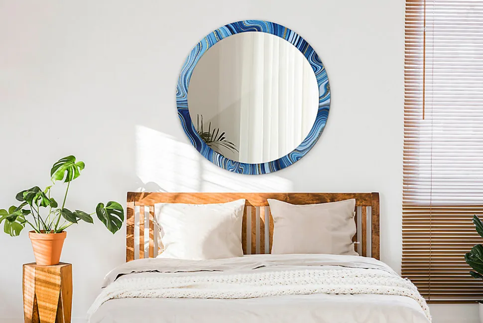 Miroir Rond Grand Cadre Imprimé Wallfluent fi90 cm Rivière De Marbre Tendance Intemporelle Chambre Salon