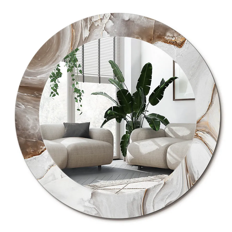 Miroir Rond Grand Cadre Imprimé Wallfluent fi90 cm Marbre Clair Tendance Intemporelle Chambre Salon