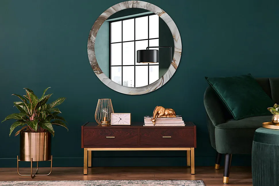 Miroir Rond Grand Cadre Imprimé Wallfluent fi90 cm Marbre Clair Tendance Intemporelle Chambre Salon