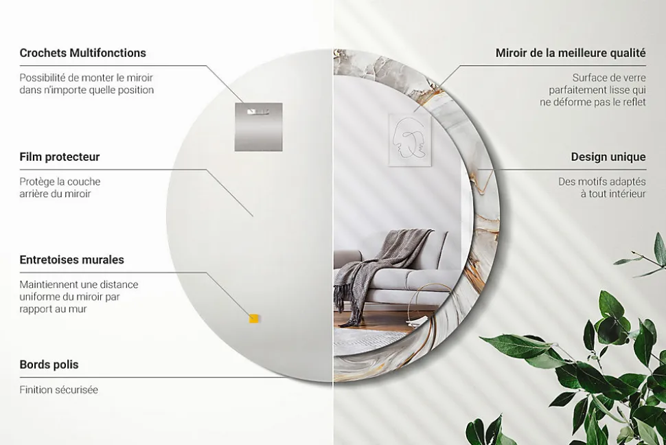 Miroir Rond Grand Cadre Imprimé Wallfluent fi90 cm Marbre Clair Tendance Intemporelle Chambre Salon