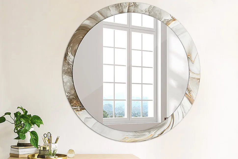 Miroir Rond Grand Cadre Imprimé Wallfluent fi90 cm Marbre Clair Tendance Intemporelle Chambre Salon