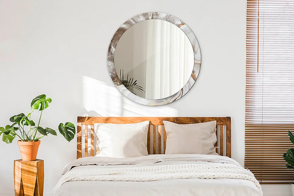Miroir Rond Grand Cadre Imprimé Wallfluent fi90 cm Marbre Clair Tendance Intemporelle Chambre Salon