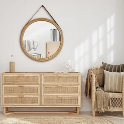 Miroir rond rotin lanière bambou Ø52 cm