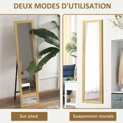 Miroir sur pied et mural rectangulaire dim. 37L x 40l x 157H cm piètement métal noir aspect chêne clair