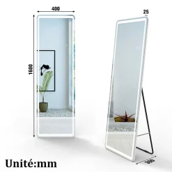 Miroir sur pied LED 40 x 160 cm (L x H), gradation infinie + 3 couleurs + fonction mémoire miroir pleine longueur, AICA SANITAIRE
