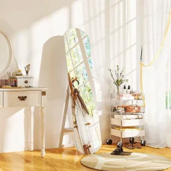 Miroir sur pied ou mural 150 cm avec étagère de rangement, grand miroir arqué pour chambre, entrée ou couloir, blanc