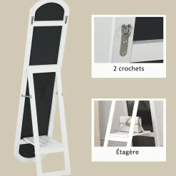 Miroir sur pied ou mural 150 cm avec étagère de rangement, grand miroir arqué pour chambre, entrée ou couloir, blanc