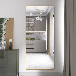 Miroir sur Pied 180x80 cm, Cadre Aluminium Doré, Miroir Mural Moderne à Poser ou Suspendre