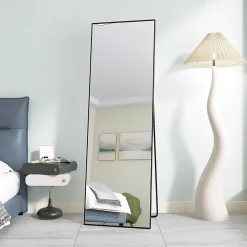Miroir sur Pied 150x40 cm, Cadre Aluminium Noir, Miroir Mural Moderne à Poser ou Suspendre