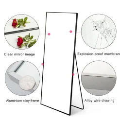 Miroir sur Pied 150x40 cm, Cadre Aluminium Noir, Miroir Mural Moderne à Poser ou Suspendre