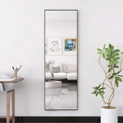 Miroir sur Pied 162x53 cm, Cadre Aluminium Noir, Miroir Mural Moderne à Poser ou Suspendre