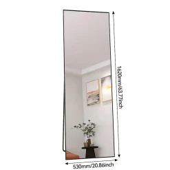 Miroir sur Pied 162x53 cm, Cadre Aluminium Noir, Miroir Mural Moderne à Poser ou Suspendre