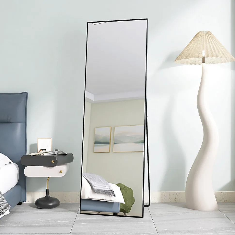 Miroir sur Pied 150x40 cm, Cadre Aluminium Noir, Miroir Mural Moderne à Poser ou Suspendre