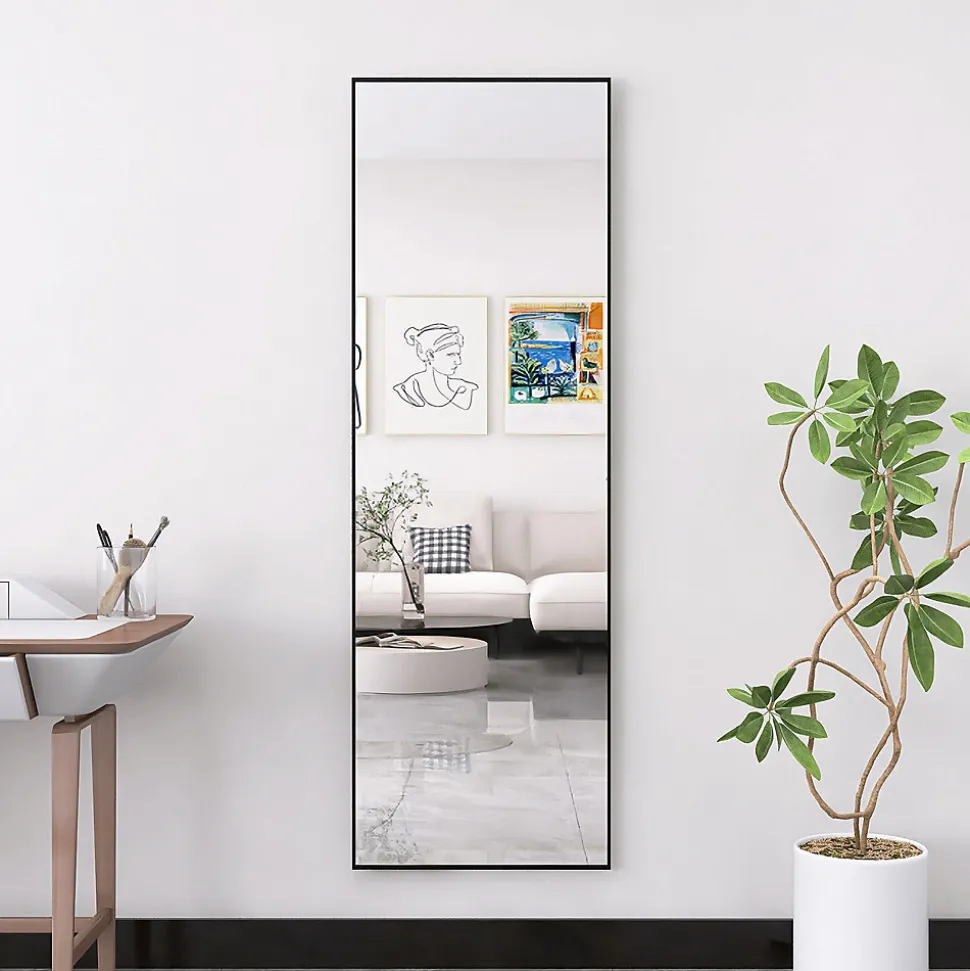 Miroir sur Pied 150x40 cm, Cadre Aluminium Noir, Miroir Mural Moderne à Poser ou Suspendre
