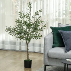 Olivier artificiel H.120 cm - grand réalisme - 450 feuilles en soie, 20 olives - mousse effet lichen pot inclus
