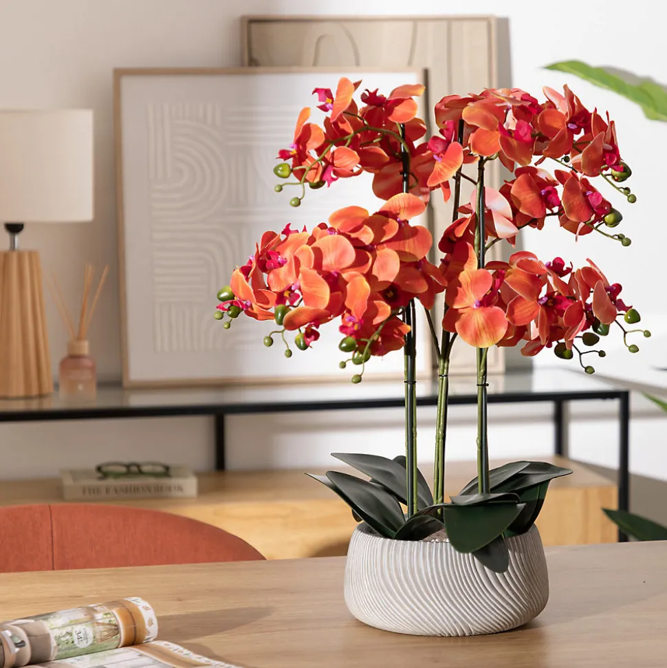 Orchidée artificielle en pot Sanae pot en ciment orange H65cm - Atmosphera