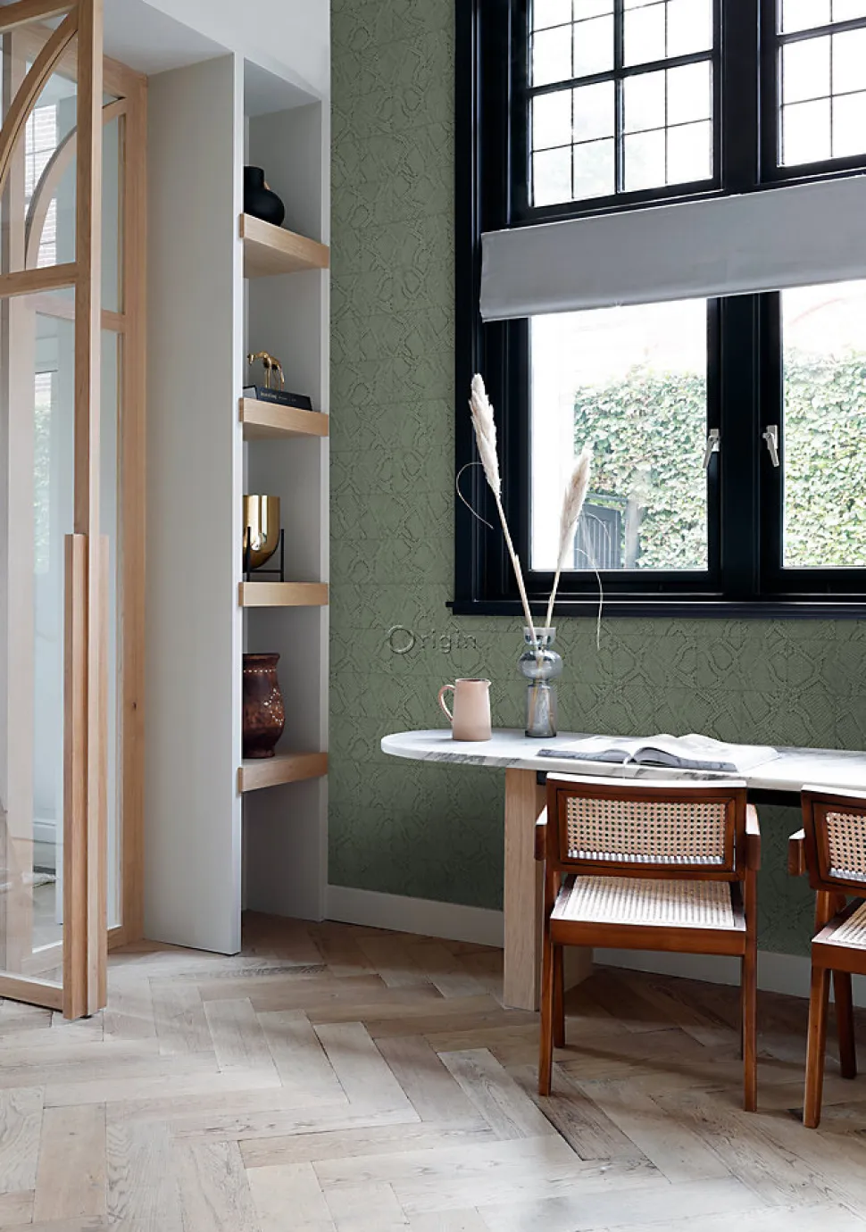 Origin Wallcoverings papier peint motif de carrellages avec imitation peau de serpent vert grisé - 53 cm x 10.05 m - 347787