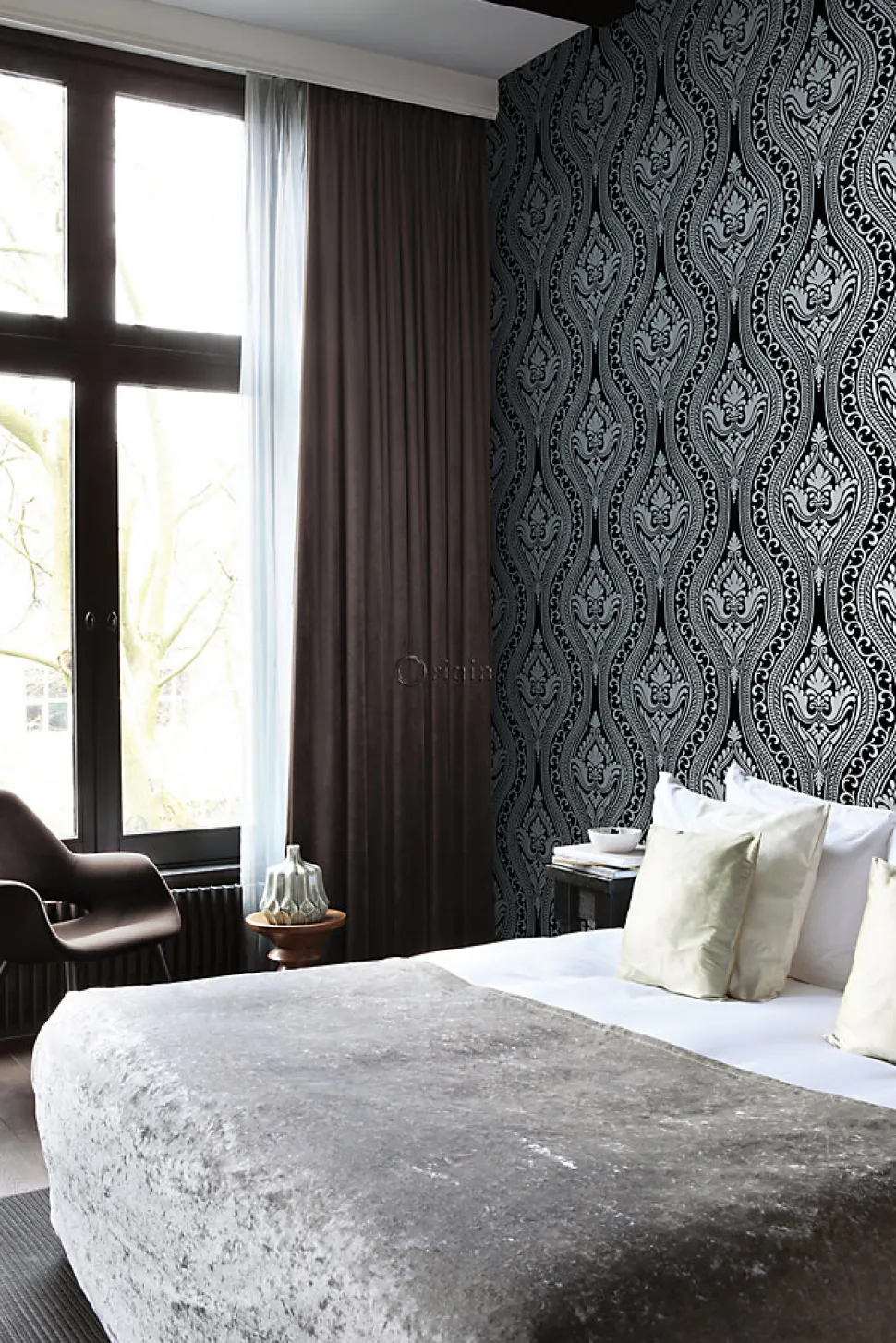 Origin Wallcoverings papier peint à dessin baroque en velours noir - 53 cm x 10.05 m - 346602