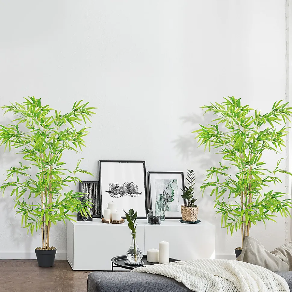 Outsunny Lot de 2 Bambous artificiels hauteur 1,5 m 644 feuilles denses réalistes pot inclus noir avec lichen vert
