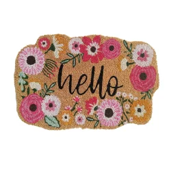 Paillasson d'entrée antidérapant en fibre de coco fleuri " Hello " rose L.60 x l.40cm Ornami