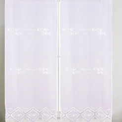 Paire de petits voilages de cuisine dentelle motif café latte (60x160 cm - Blanc)