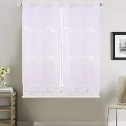 Paire de petits voilages de cuisine dentelle motif café latte (60x120 cm - Blanc)