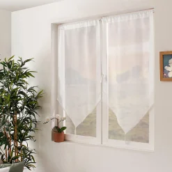 Paire de petits voilages en pointe avec pompon (60x160 cm - Blanc)