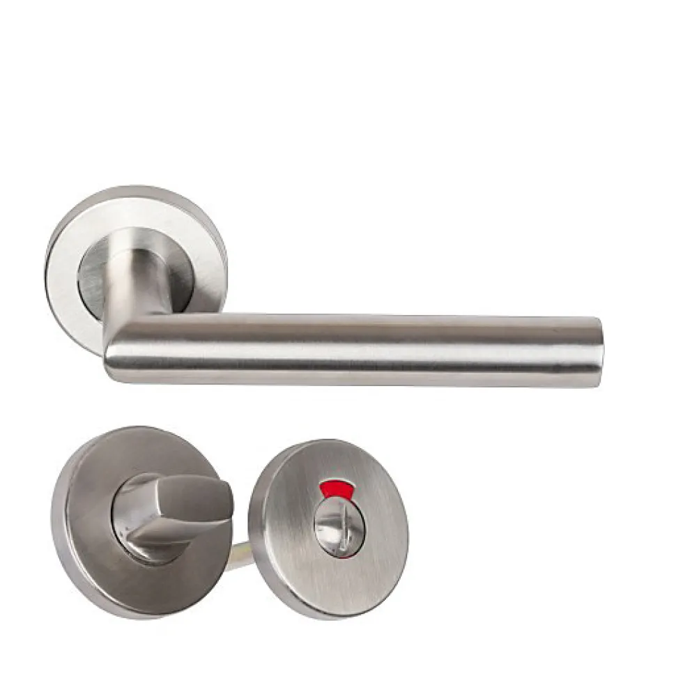 Paire de Poignées de porte sur Rosaces Rondes " Elsa Angle Vif " inox 304 KLOSE BESSER - +1 Paire de rosaces condamnation + voyant