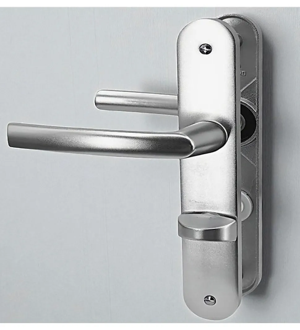 Paire de poignées de porte sur plaques aluminium 190 mm avec verrou et voyant de condamnation Bricard