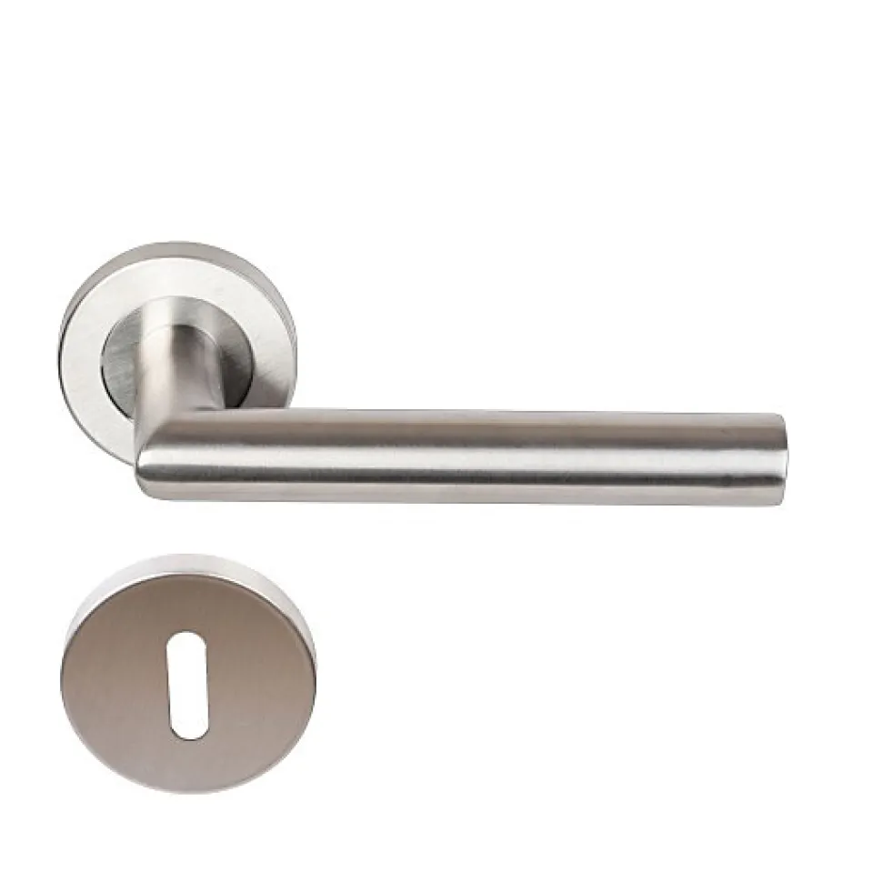 Paire de Poignées de porte sur Rosaces Rondes " Elsa Angle Vif " inox 304 KLOSE BESSER - +1 Paire de rosaces à trou de clé