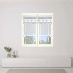Paire de stores étamine cœurs blancs et gris, 60x160cm, prêts à poser avec finition passe-tringle