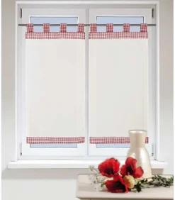 Paire de Vitrage en lin avec brides en petits carreaux style bistrot - 70x160cm - Rouge