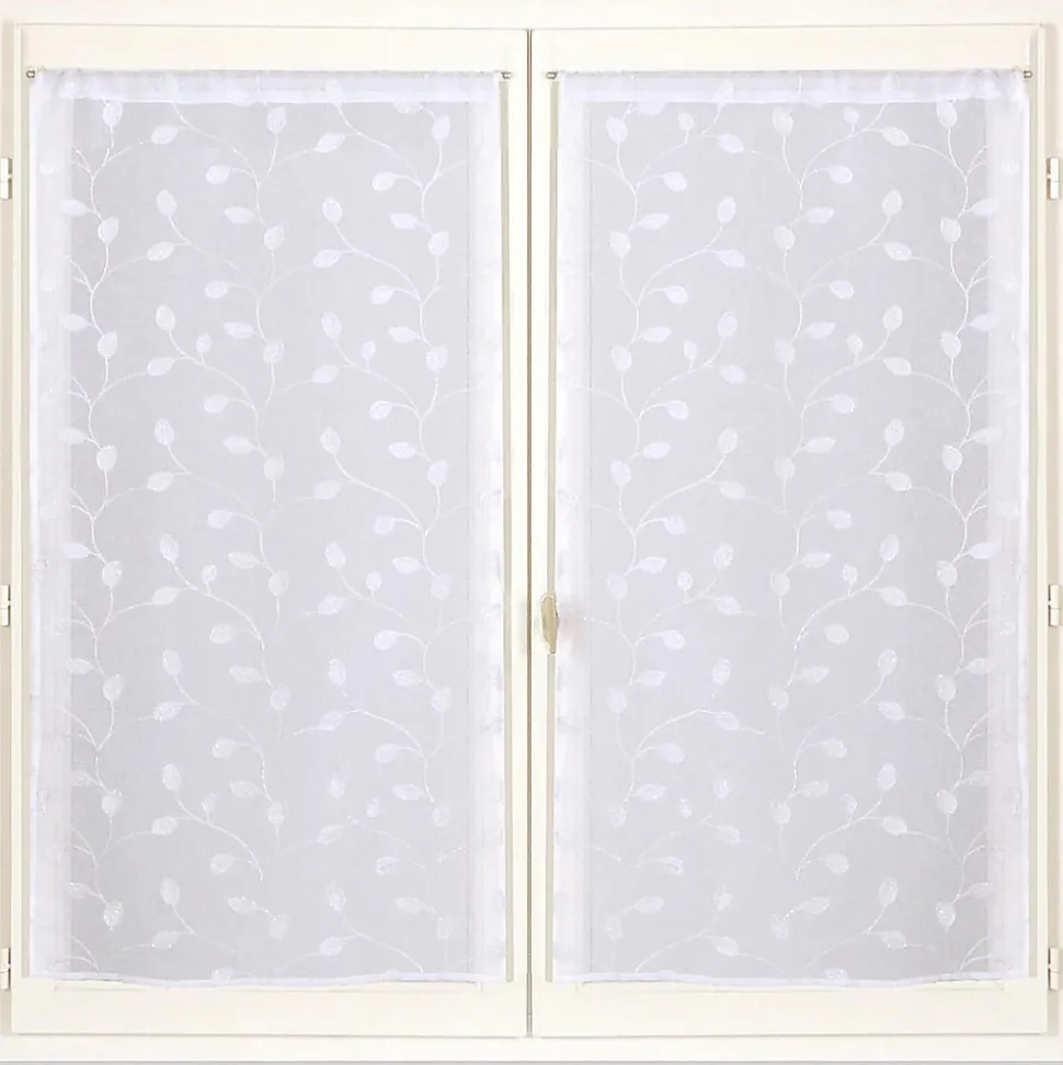 Paire de vitrage tamisant étamine à pattes broderie feuillage blanc L.160 x l.60cm Dylrev