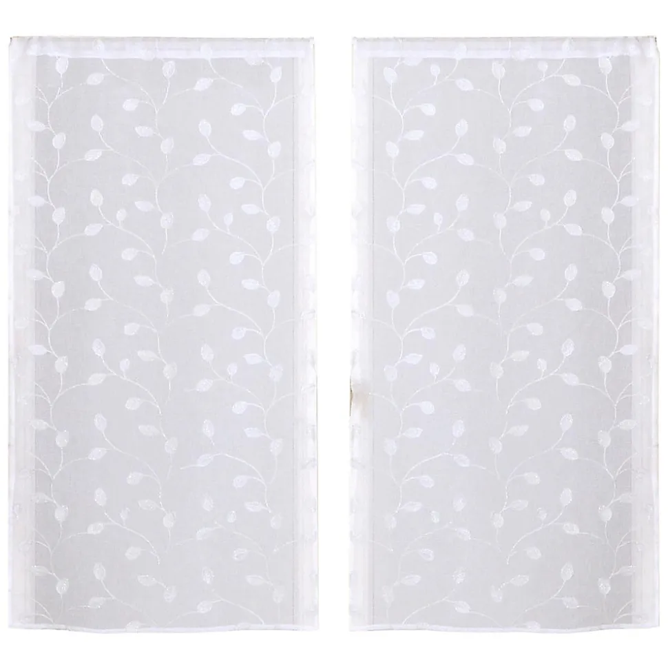 Paire de vitrage tamisant étamine à pattes broderie feuillage blanc L.160 x l.60cm Dylrev