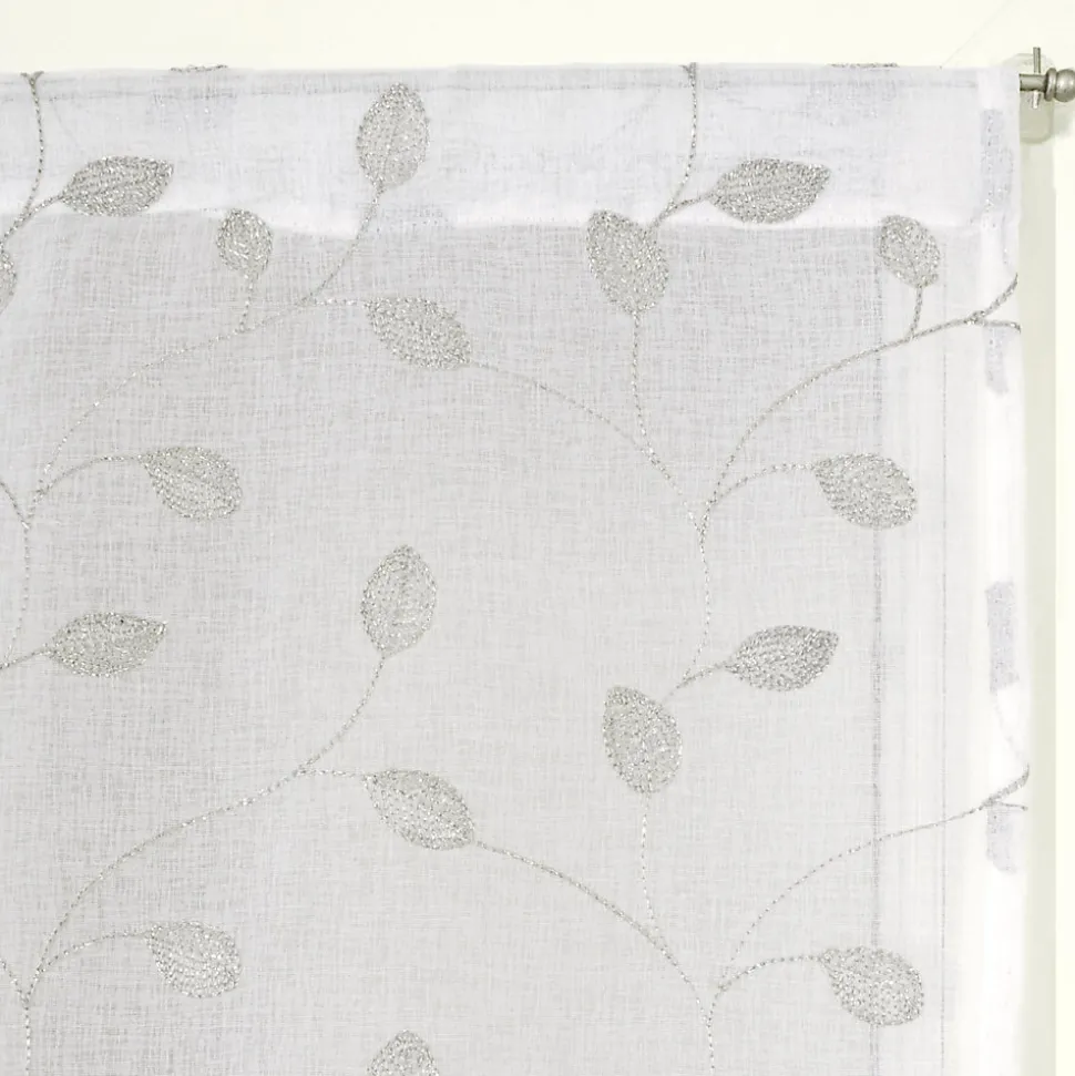 Paire de voilages brodés feuilles gris 60x160cm, finition passe-tringle.