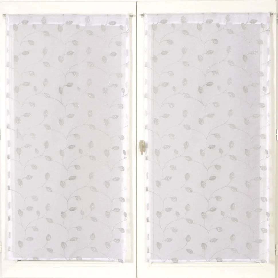 Paire de voilages brodés feuilles gris 60x160cm, finition passe-tringle.