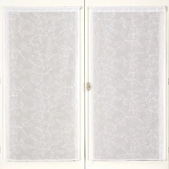 Paire de voilages brodés feuilles 60x160cm - Finition passe-tringle - Blanc.