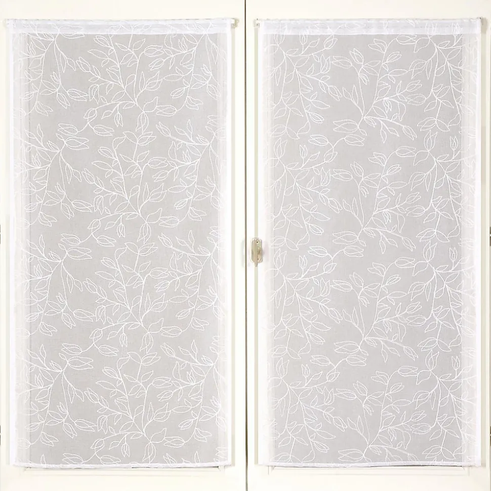 Paire de voilages brodés feuilles 60x160cm - Finition passe-tringle - Blanc.