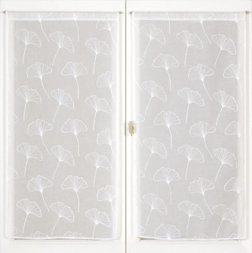 Paire de voilages brodés feuilles ginkgo 60x160cm, blanc, prêts à poser